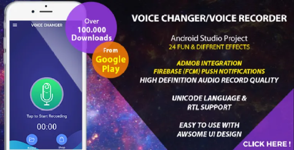 Voice Changer – Voice Recorder: With 24 Fun Effects, Admob & FireBase Notifications