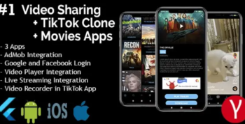 Video Sharing App + TikTok Clone + Movies, Live Streaming, TV Series – 3 Apps Flutter Templates