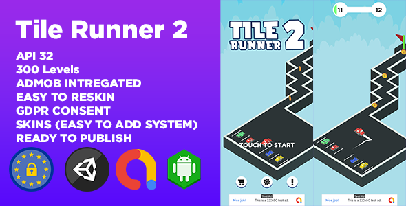 Tile Runner 2 (300 Levels + Unity Game Template + Admob Ads + GDPR Consent) 31 May 2023