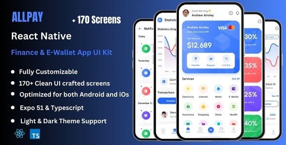 AllPay Pro - Finance, Banking, & E-Wallet React Native CLI Ui Kit