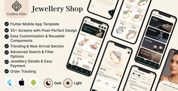 Golden-Glitz – eCommerce App for Jewelry Shop – Flutter Mobile App Template | Android & iOS