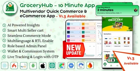 GroceryHub – 10 Minute App Multivendor Quick Commerce & eCommerce App | AI Insight | Multi Cart 1.8