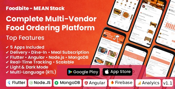 FoodBite Multi Restaurant – Food Delivery App with NodeJS, MongoDB Angular & Flutter