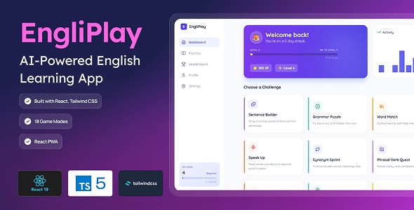 EngliPlay - AI-Powered English Learning App | 18 Game Modes | React PWA